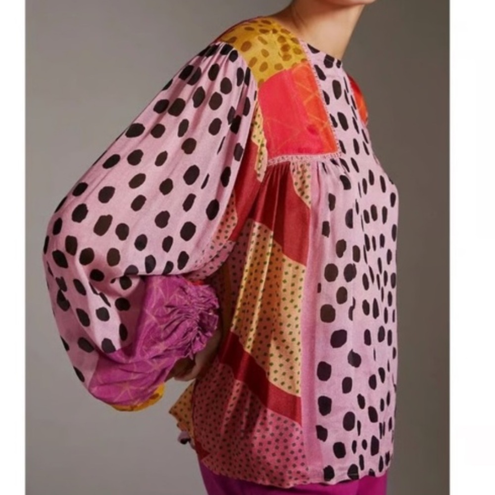BOGO Anthropologie Pink Patchwork Polka Dot Peasant Blouse - Picture 3 of 12